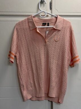 Light Peach Knit Polo with Orange Stripe Sleeves